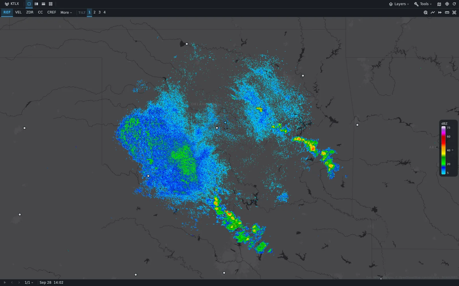 The radar app showing reflectivity over Oklahoma